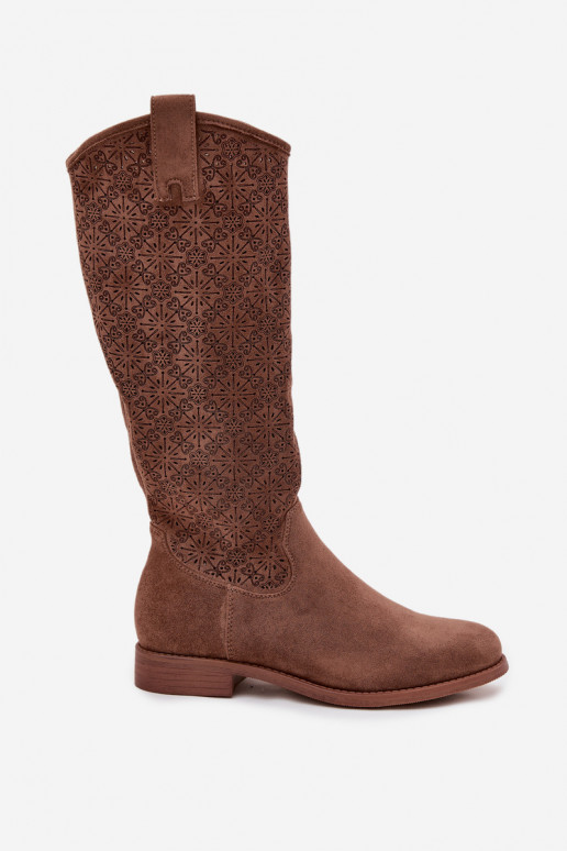 naiste pika säärega saapad Ažuurne laiade nööridega S.Barski HY52-534 pruunid värvi