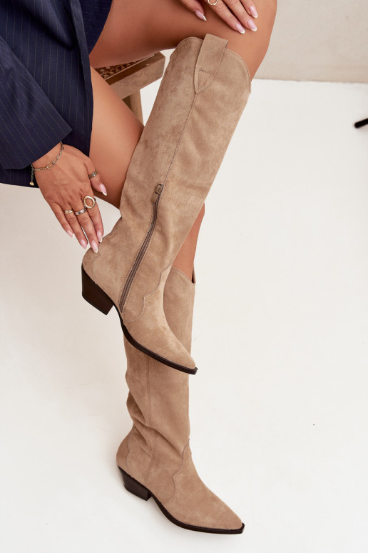 Jovianne soojendatud pikad kauboisaapad kontsaga ökoloogilisest jakist beeži värvi