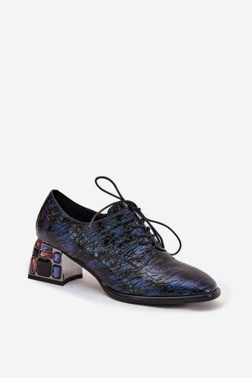 Tumedat sinist värvi lakitud naturaalsest nahast naiste poolsaapad kontsade ja säravate silmadega „Artiker 55C0428"