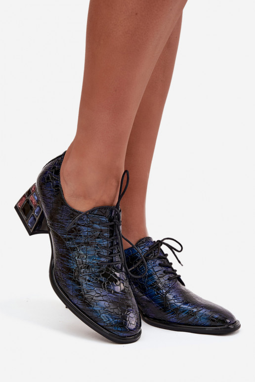 Tumedat sinist värvi lakitud naturaalsest nahast naiste poolsaapad kontsade ja säravate silmadega „Artiker 55C0428"