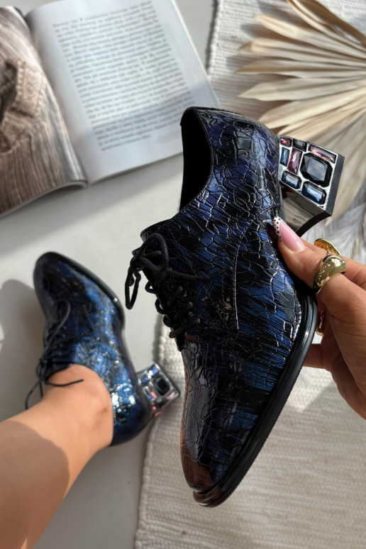 Tumedat sinist värvi lakitud naturaalsest nahast naiste poolsaapad kontsade ja säravate silmadega „Artiker 55C0428"