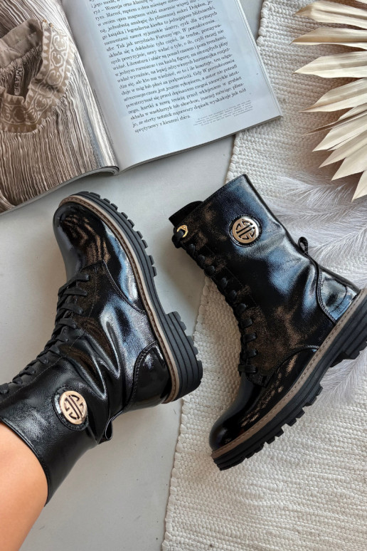 lakkpinnaga tööjalatsid naistele pahkluu saapad kuldsete detailidega musta värvi Dorialine