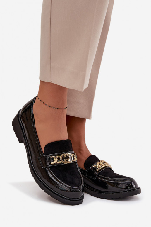 Läikivad naiste mokasiinid kuldsete detailidega S.Barski HY52-540 musta värvi