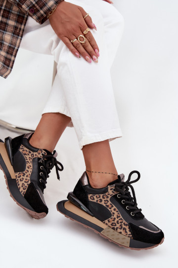 Nahast naisteriiklikud sportlikud kingad platvormiga ja leopardimustriga Artiker 55C0134 mustad
