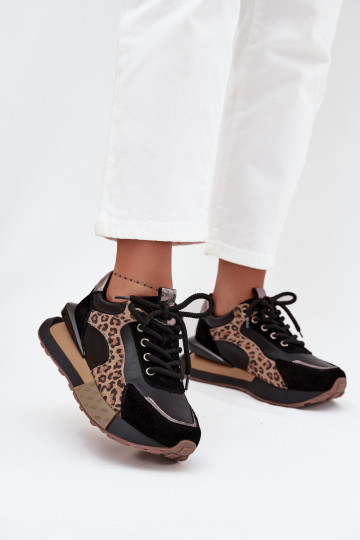 Nahast naisteriiklikud sportlikud kingad platvormiga ja leopardimustriga Artiker 55C0134 mustad 2