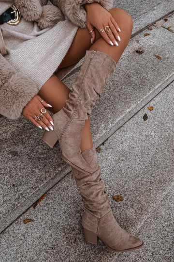 naiste pika säärega saapad Korjatud pealsega kõrge jämeda kontsaga voodriga beeži värvi Paelina