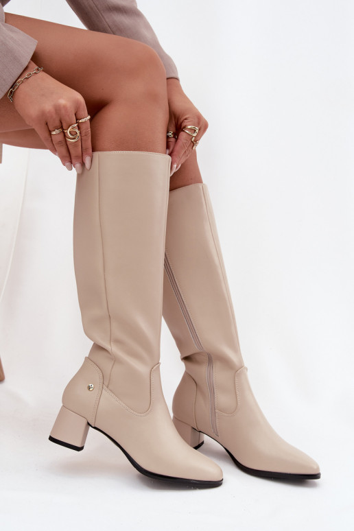 Pealhk voodriga naiste pika säärega saapad kõrge jämeda kontsaga Sellel onciejka A7165-04 beeži värvi