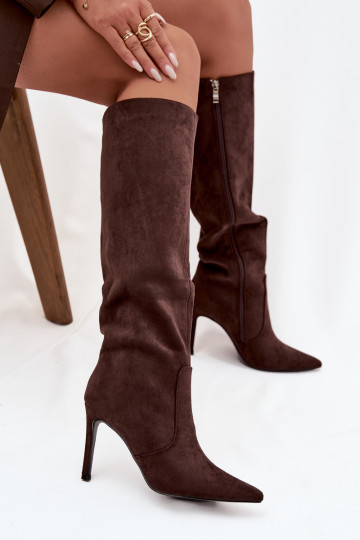voodriga naiste pika säärega saapad kõrge jämeda kontsagaEco Suedeu Czekoladosissee Rosavine