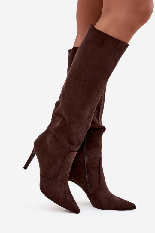 voodriga naiste pika säärega saapad kõrge jämeda kontsagaEco Suedeu Czekoladosissee Rosavine