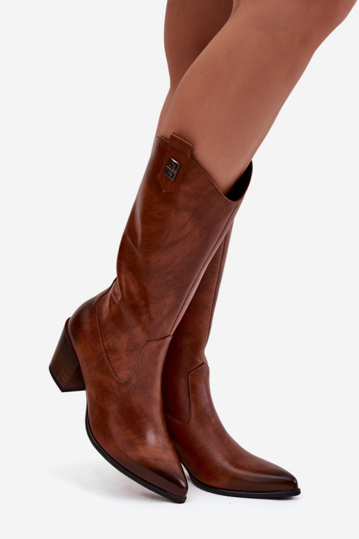 Pealhk pika säärega saapad Kauboi saapad kõrge jämeda kontsaga voodriga Zazoo 70155 pruunid värvi