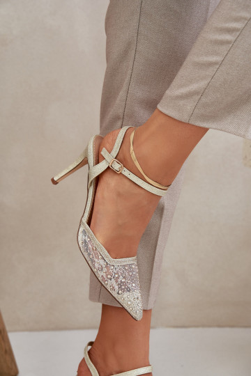 Kaunistustega kõrge kontsaga Terava ninaga jalatsid Kuldset värvi Pealnadra 2