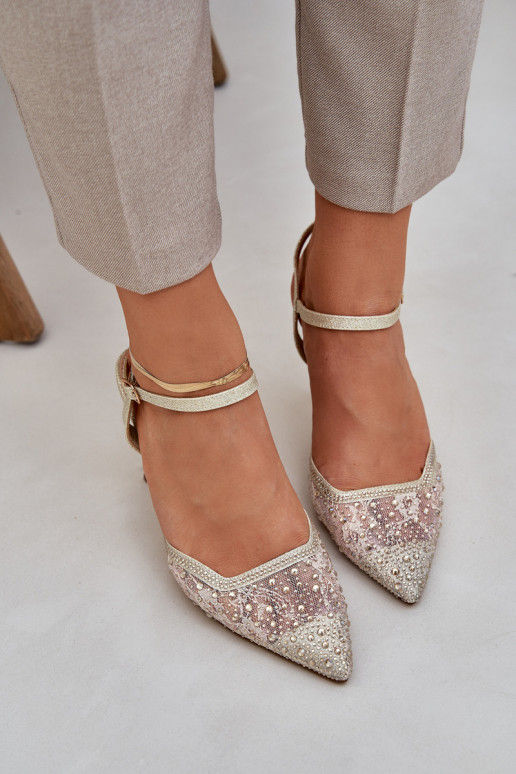 Kaunistustega kõrge kontsaga Terava ninaga jalatsid Kuldset värvi Pealnadra