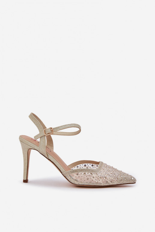 Kaunistustega kõrge kontsaga Terava ninaga jalatsid Kuldset värvi Pealnadra