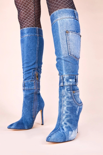 Denim pikkade varbaga saapad kontsil taskutega Sina