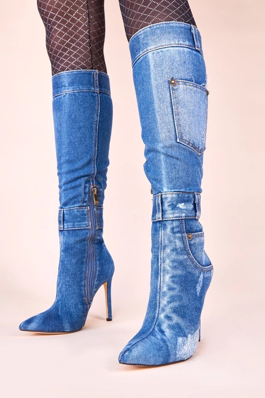 Denim pikkade varbaga saapad kontsil...