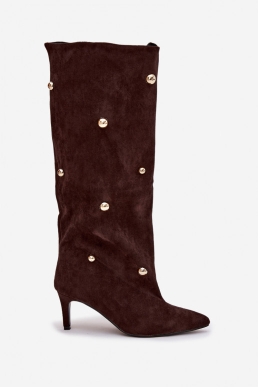 Slip-on naiste pika säärega saapad kõrge jämeda kontsaga Ze Kuldset värvimi Ozdobami Czekoladosissee Thaliane