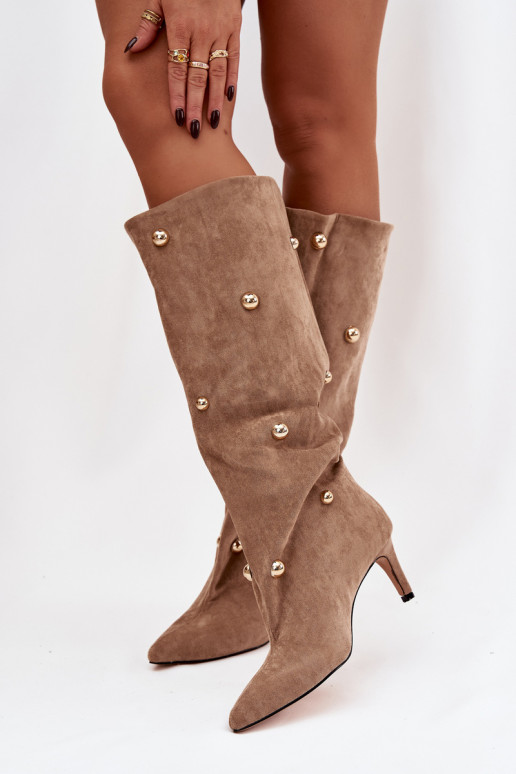 Slip-on naiste pika säärega saapad kõrge jämeda kontsaga Ze Kuldset värvimi Ozdobami beeži värvi Thaliane