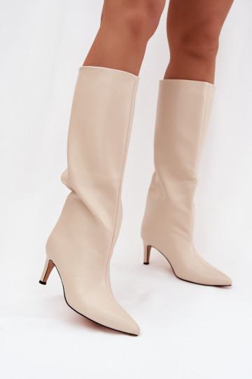 naiste pika säärega saapad Slip-on voodriga kõrge jämeda kontsaga Elevandiluu värvi Olivienne