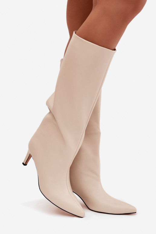 naiste pika säärega saapad Slip-on voodriga kõrge jämeda kontsaga Elevandiluu värvi Olivienne