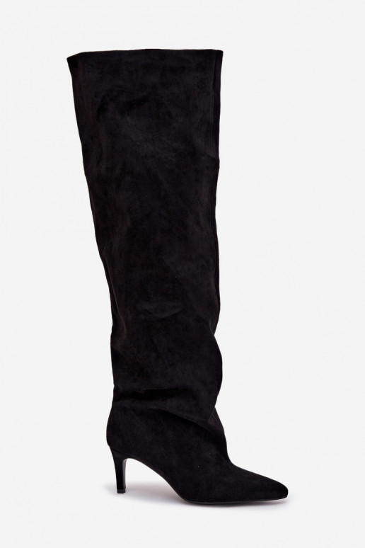 Taivilla naiste kõrgsaapad õhukeste kontsadega, sisseastumise mudel, must