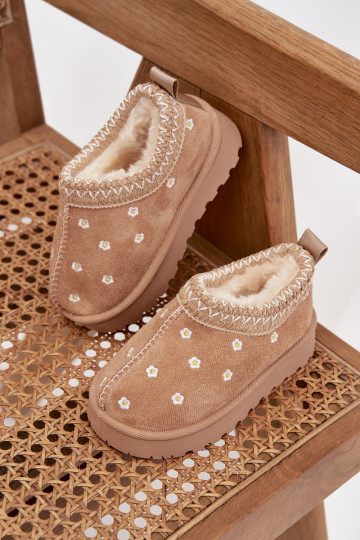 Laste lumesaapad lillemotiivide ja kõrvadega, soojustatud karusnahaga sees, Palina, liivakarva 2