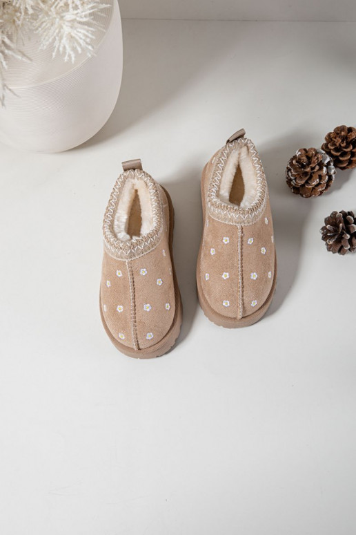 Laste lumesaapad lillemotiivide ja kõrvadega, soojustatud karusnahaga sees, Palina, liivakarva