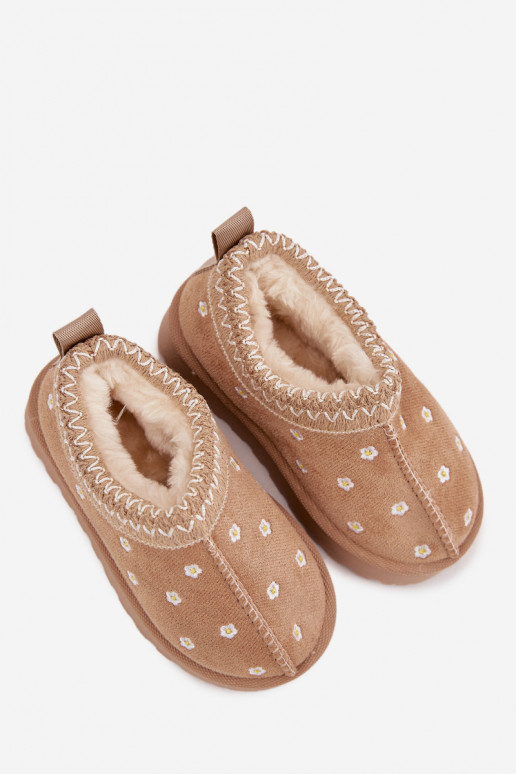 Laste lumesaapad lillemotiivide ja kõrvadega, soojustatud karusnahaga sees, Palina, liivakarva