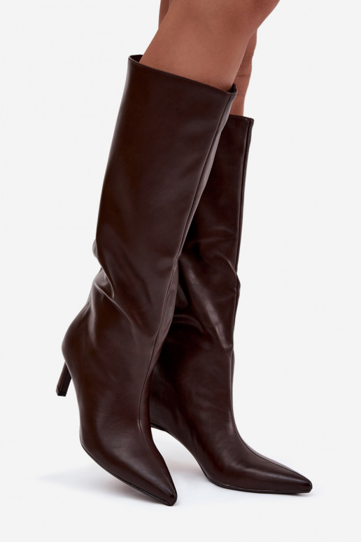 naiste pika säärega saapad Slip-on kõrge jämeda kontsaga Õmblemisega Czekoladosissee Olyvia