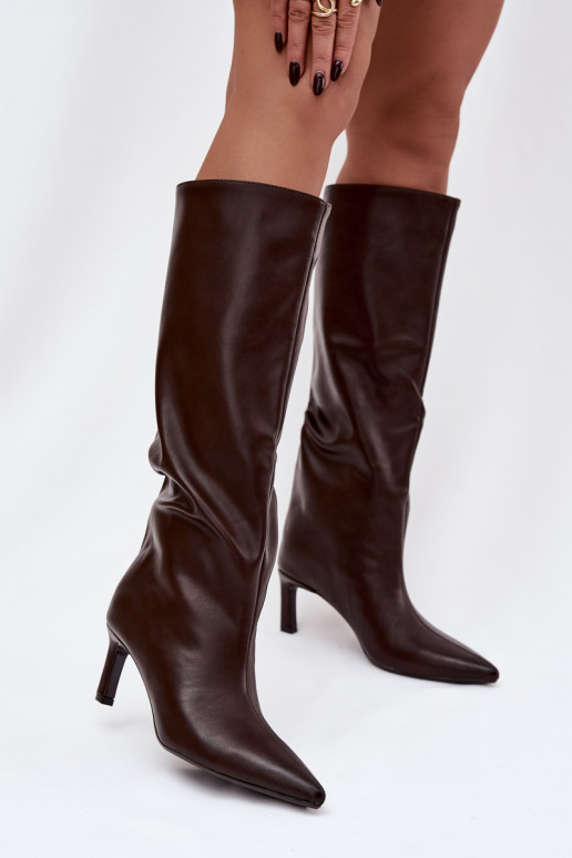 naiste pika säärega saapad Slip-on kõrge jämeda kontsaga Õmblemisega Czekoladosissee Olyvia