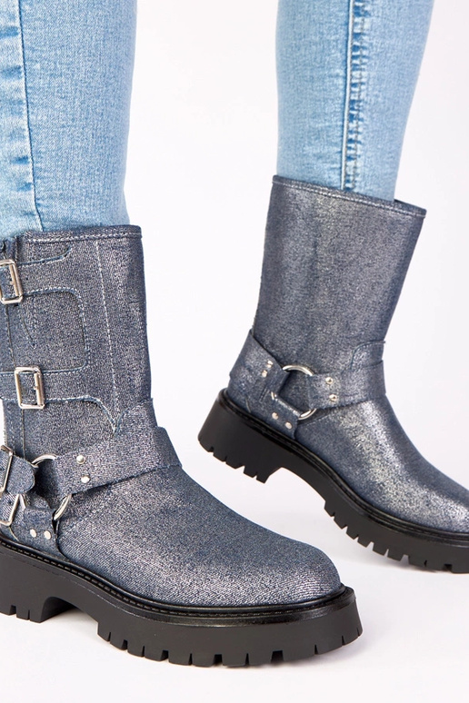 Sinised saapad klambritega, hõbedase...