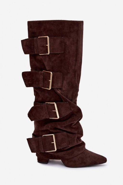 naiste pika säärega saapad kõrge jämeda kontsagaINysisseiniętą Cholesisseką I Kuldset värvimi neetide ja pandlagami Eco Suedeosi