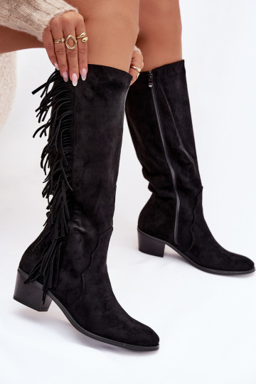 Mustad soojustatud cowboy-stiilis naiste pikad saapad kontsade ja tutidega Firlina