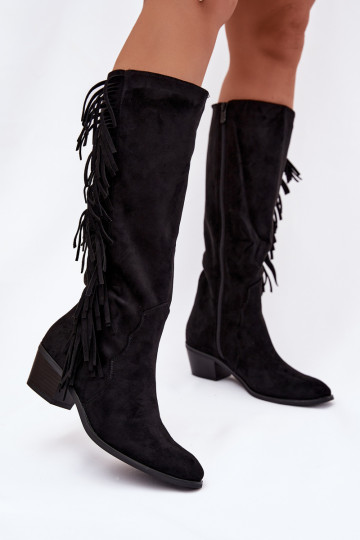 Mustad soojustatud cowboy-stiilis naiste pikad saapad kontsade ja tutidega Firlina 2