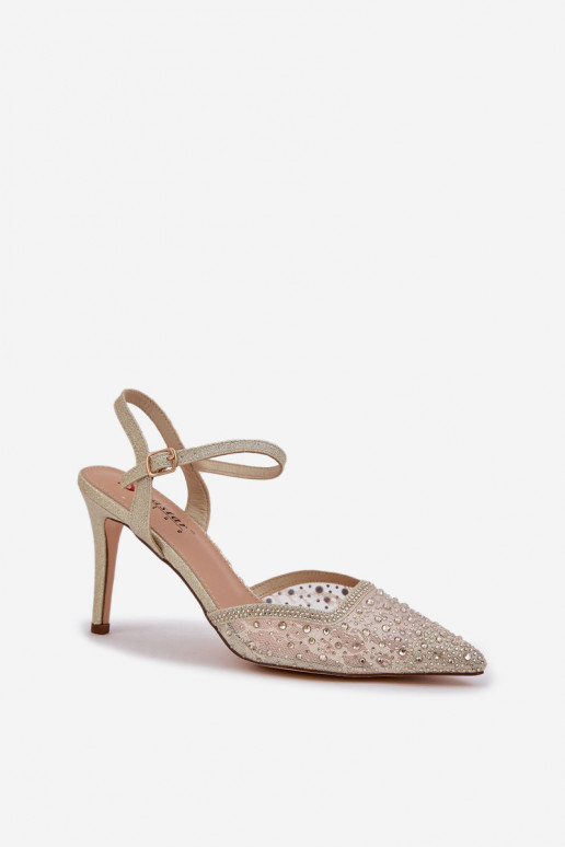 Dekoreeritud kõrged kontsakingad avatud kanna ja kuldse värviga Nadra