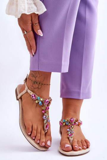 Seemisnahast kingad moodsad varbavahe-sandaalid Koos kividega beeži värvi Frency