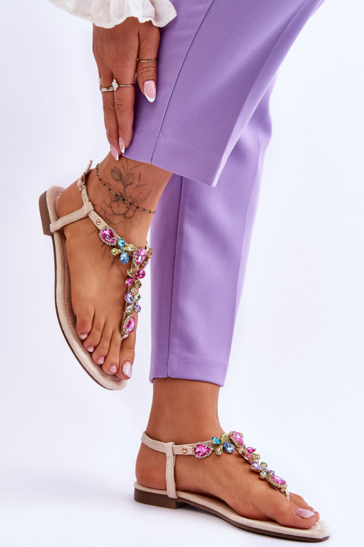 Seemisnahast kingad moodsad varbavahe-sandaalid Koos kividega beeži värvi Frency