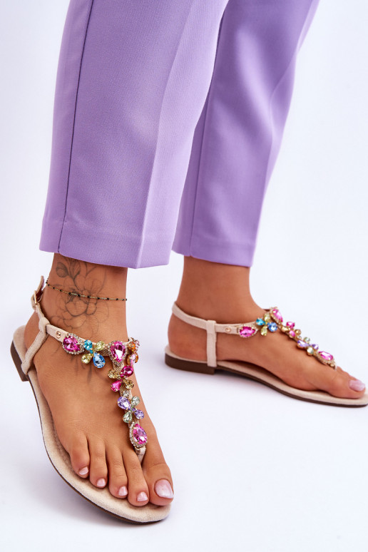 Seemisnahast kingad moodsad varbavahe-sandaalid Koos kividega beeži värvi Frency