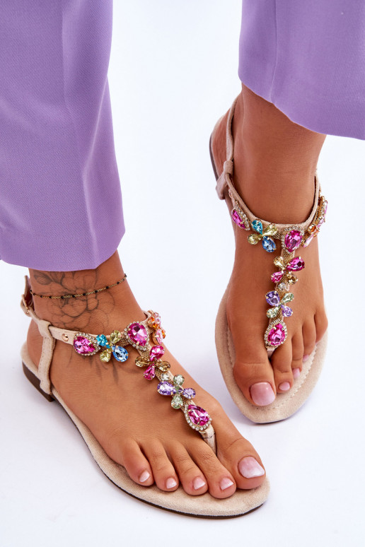 Seemisnahast kingad moodsad varbavahe-sandaalid Koos kividega beeži värvi Frency