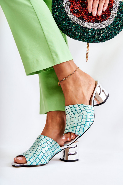 Plätud naturaalsest nahast Pealiste omad Krokodilli muster kõrge jämeda kontsaga rohelist värvi Perry