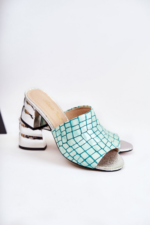 Plätud naturaalsest nahast Pealiste omad Krokodilli muster kõrge jämeda kontsaga rohelist värvi Perry