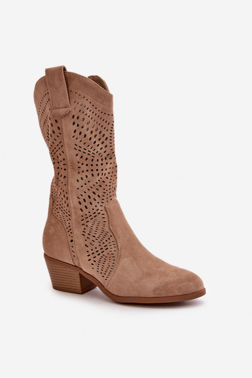 Ažuurne Pealiste omad kauboistiilis saapad kõrge jämeda kontsaga pruunid värvi Iceda