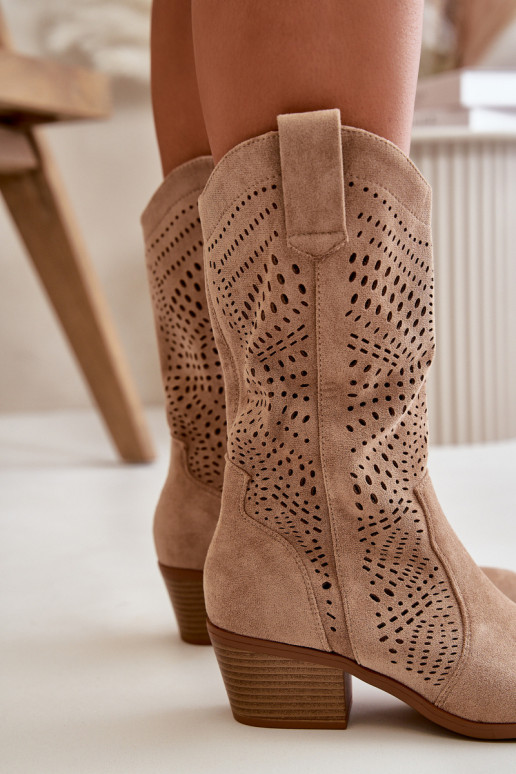 Ažuurne Pealiste omad kauboistiilis saapad kõrge jämeda kontsaga pruunid värvi Iceda