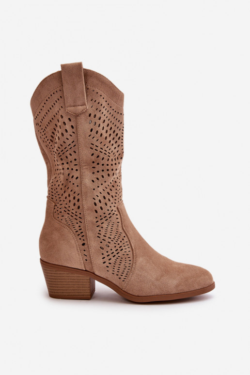 Ažuurne Pealiste omad kauboistiilis saapad kõrge jämeda kontsaga pruunid värvi Iceda