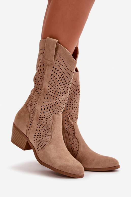 Ažuurne Pealiste omad kauboistiilis saapad kõrge jämeda kontsaga pruunid värvi Iceda