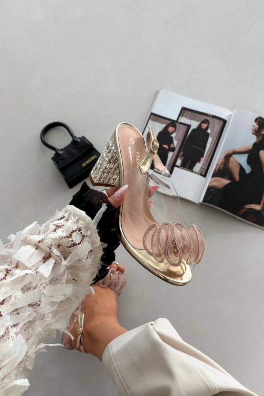 sandaalid kõrge jämeda kontsaga kristallidega D&A MR52-237 Kuldset värvi