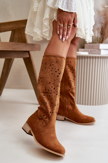 Ažuurne naiste pika säärega saapad Sellel ondala kontsaga Eco Suedeosissee Nööpidega Lossi juurde pruunid värvi Orchides 2