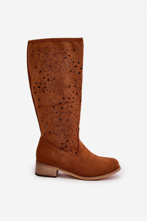 Ažuurne naiste pika säärega saapad Sellel ondala kontsaga Eco Suedeosissee Nööpidega Lossi juurde pruunid värvi Orchides