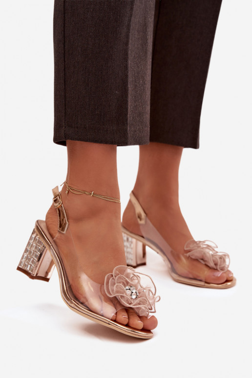 sandaalid kõrge jämeda kontsaga kaunistustega D&A MR52-238 Kuldset värvi