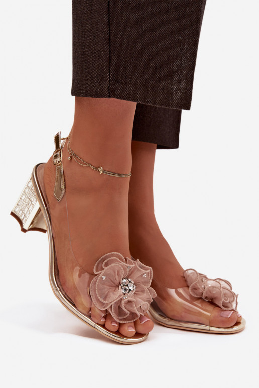 sandaalid kõrge jämeda kontsaga kaunistustega D&A MR52-238 Kuldset värvi