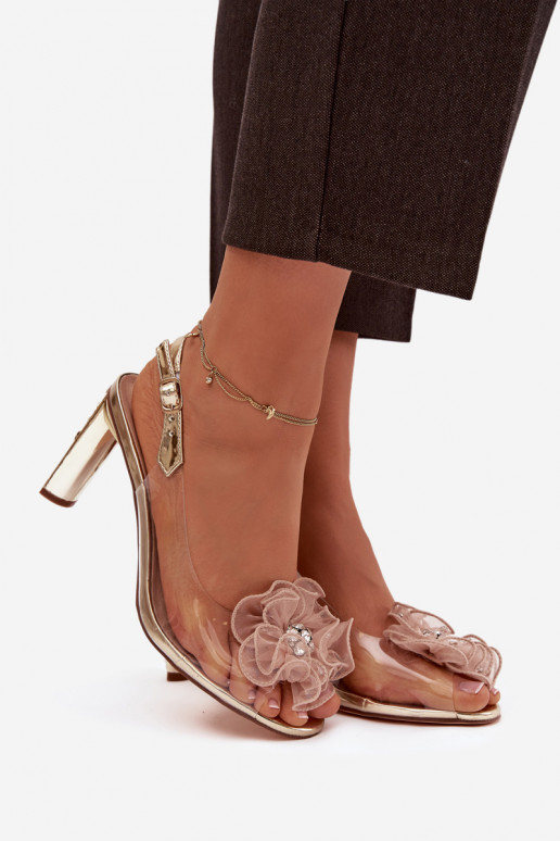 sandaalid kõrge jämeda kontsaga kaunistustega I Kryształkami D&A MR52-236 Kuldset värvi